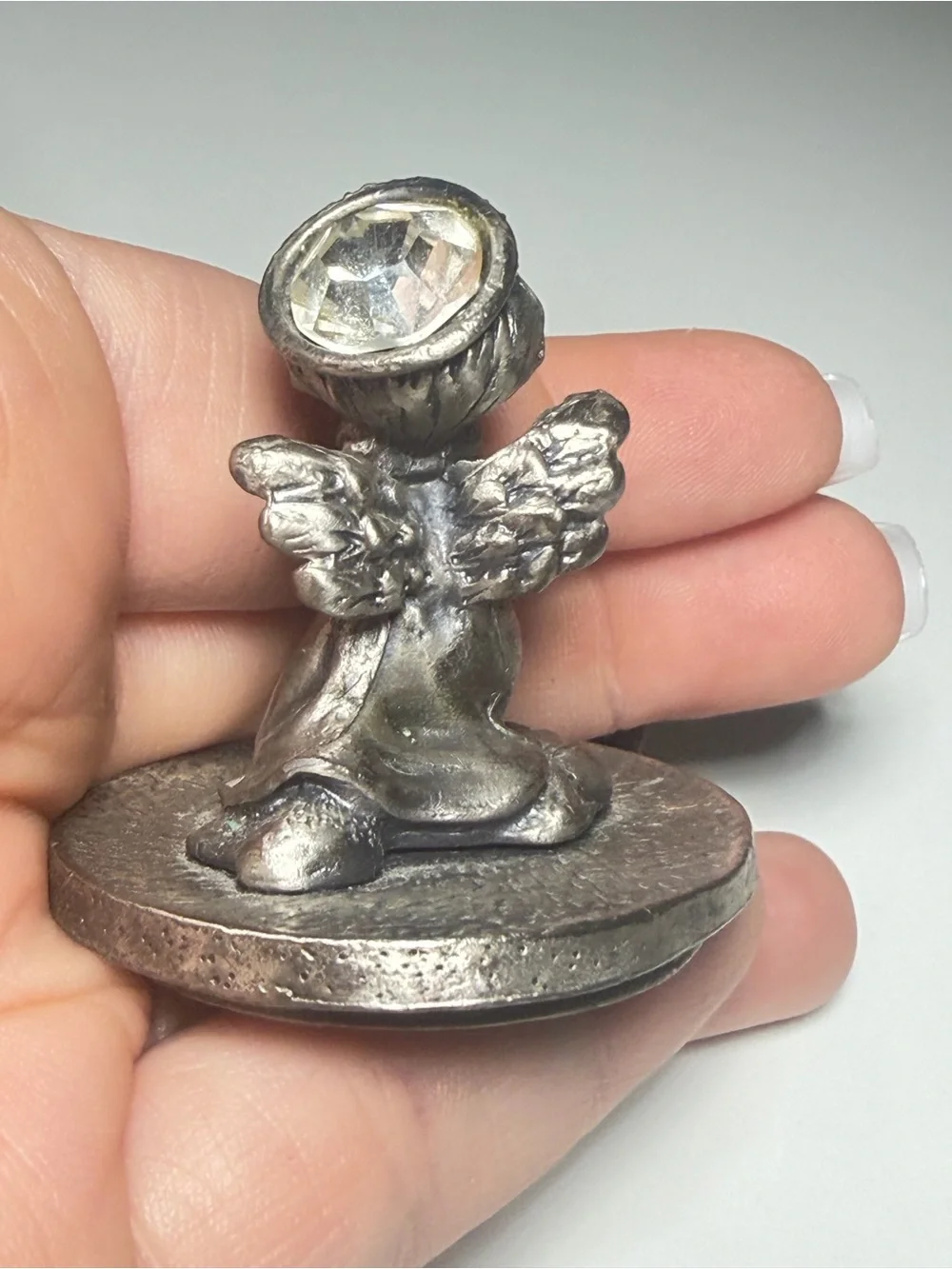 Pewter Tooth Fairy Angel Trinket Box Rhinestone Halo Vintage